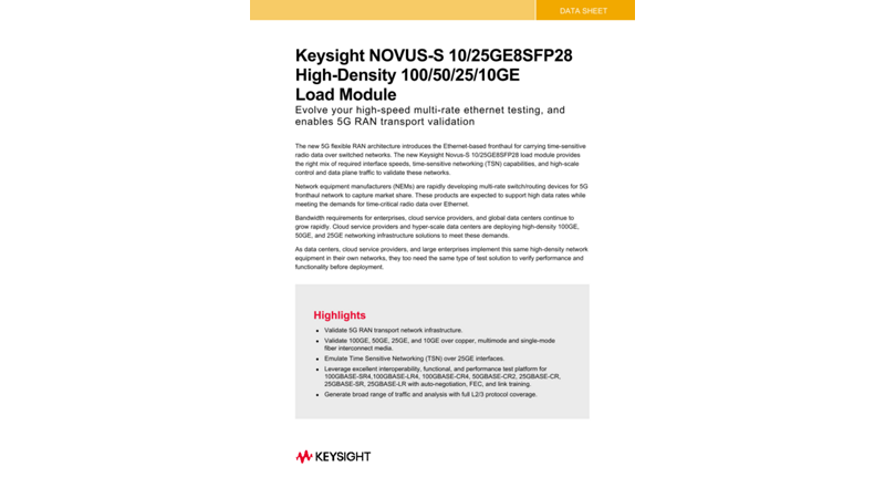 Keysight NOVUS-S 10/25GE8SFP28 High-Density 100/50/25/10GE Load Module